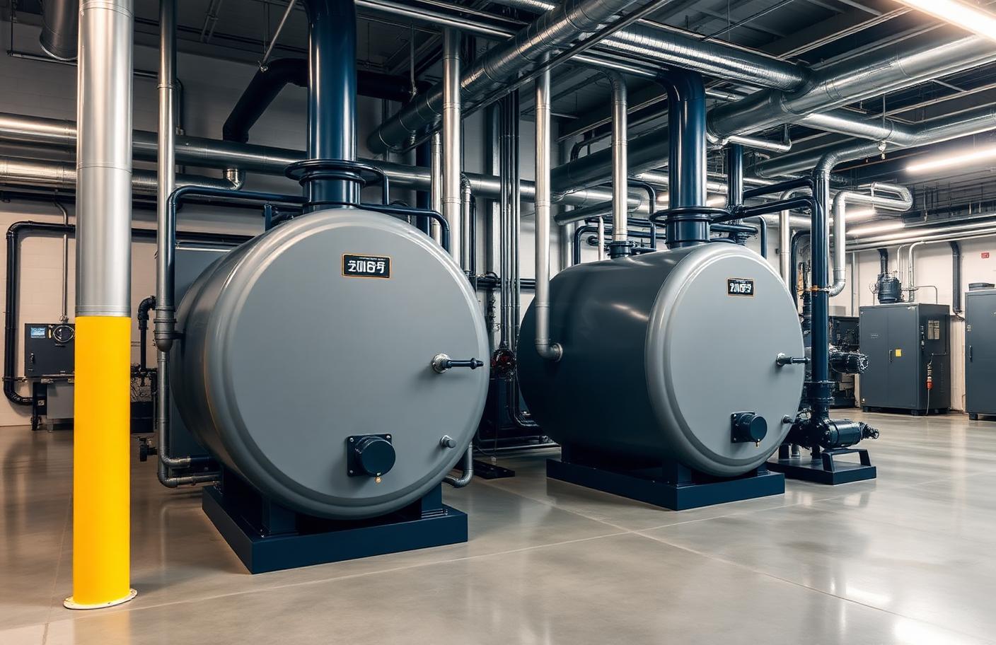 Commercial boiler room with industrial hot water boilers and circulation piping