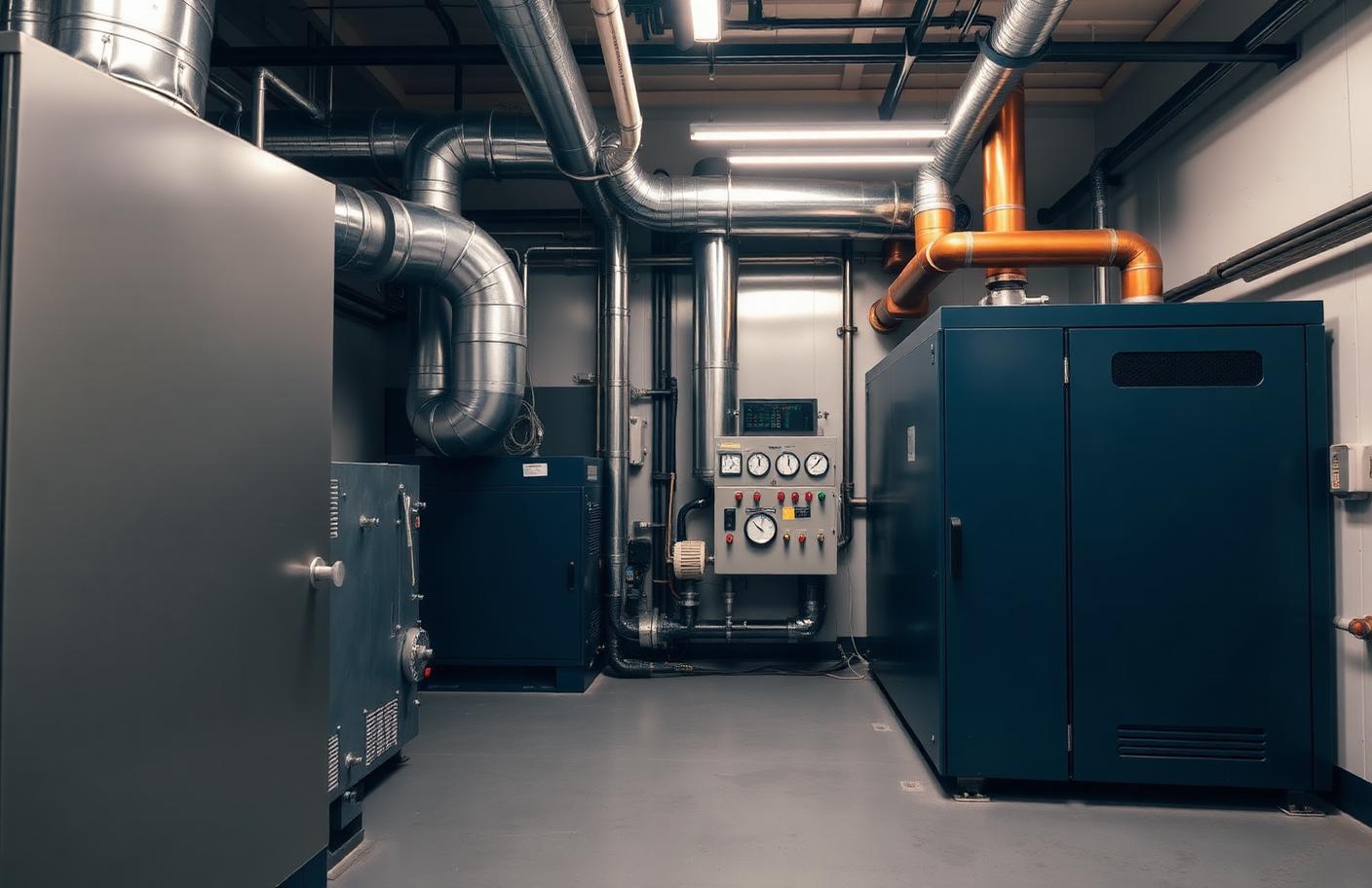 Commercial mechanical room with furnace, ductwork and control panel