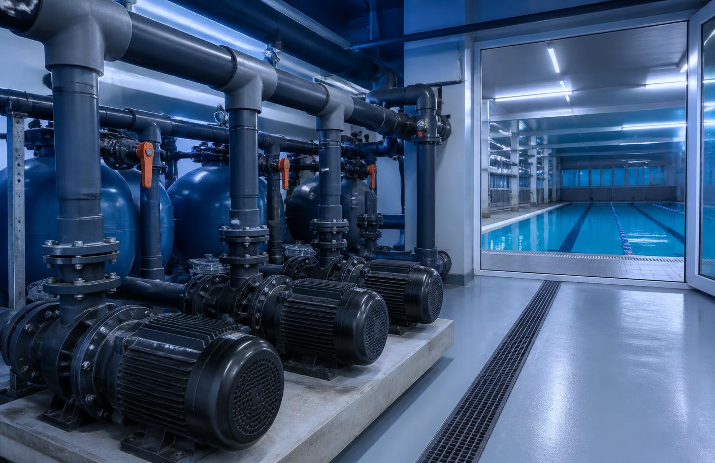 Commercial pool equipment room with circulation pumps and filtration tanks