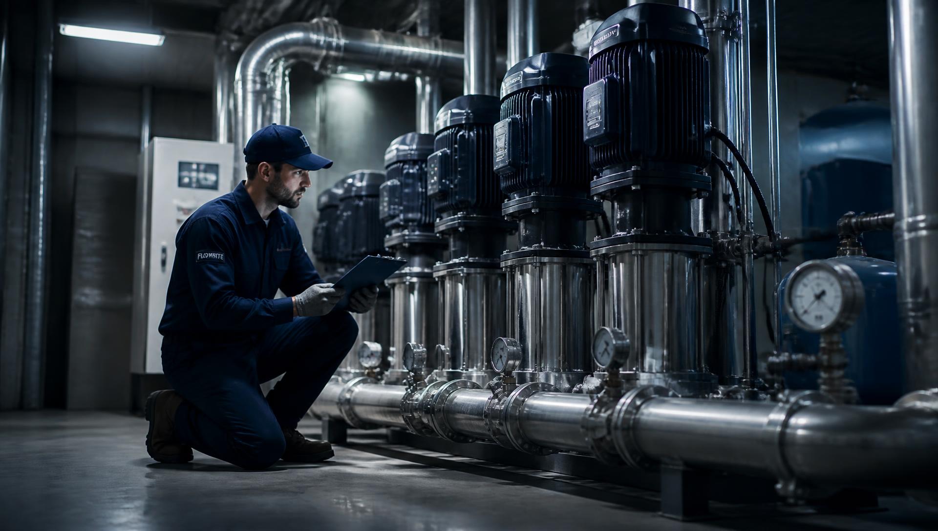 Technician working on commercial pump equipment