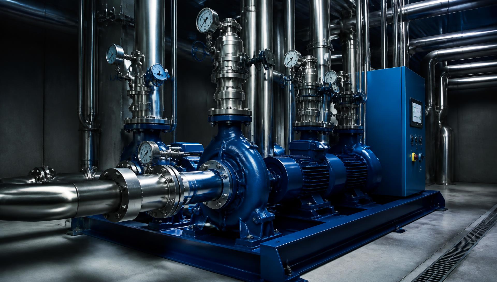 Commercial mechanical room with industrial pumps, piping and pressure gauges