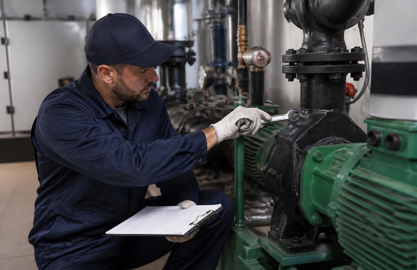 Technician inspecting a commercial circulation pump during preventive maintenance
